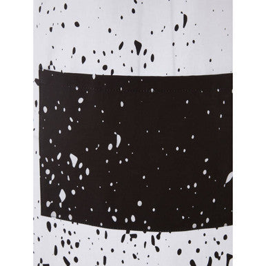 Black and white speckled hygge apron with bold horizontal stripe and adjustable fit for cozy cooking vibes