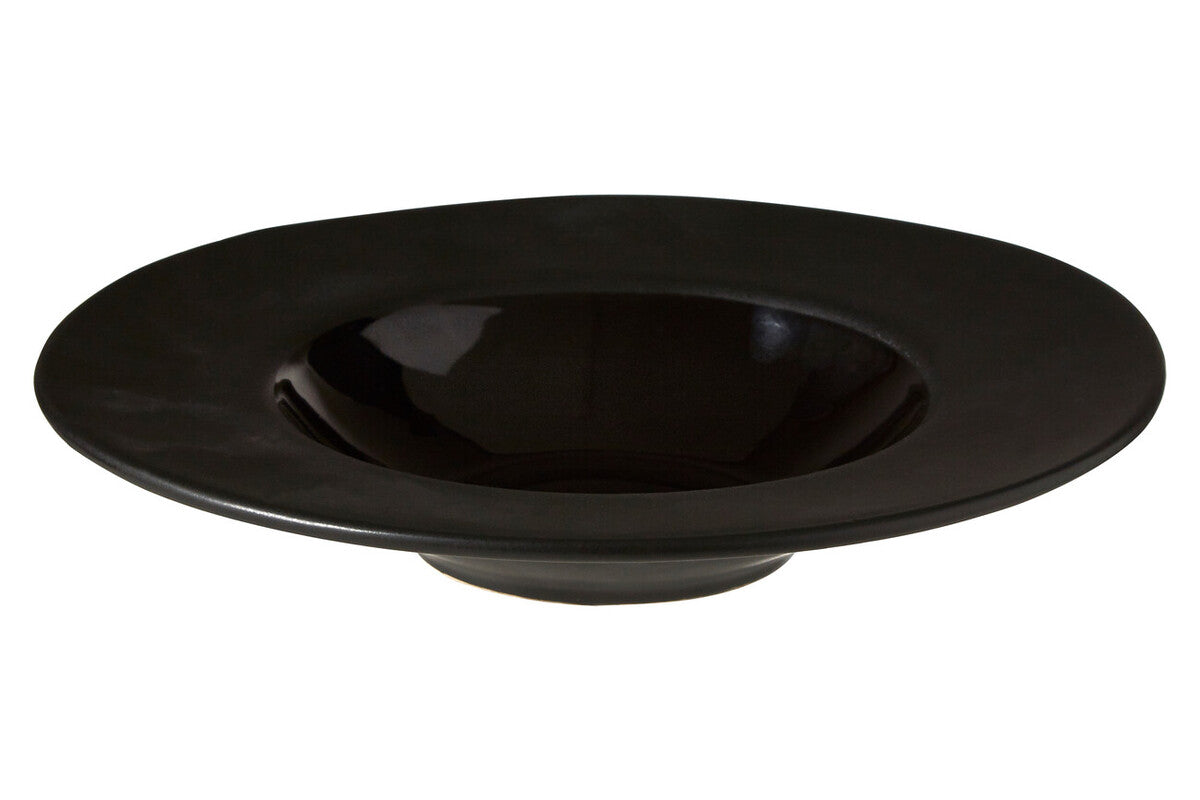 Black ceramic pasta bowl with a wide shallow design and glossy finish perfect for serving black pasta
