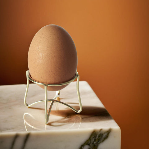 A smooth light brown egg in a minimalist silver wire stand of the hygge single gold finish egg holder