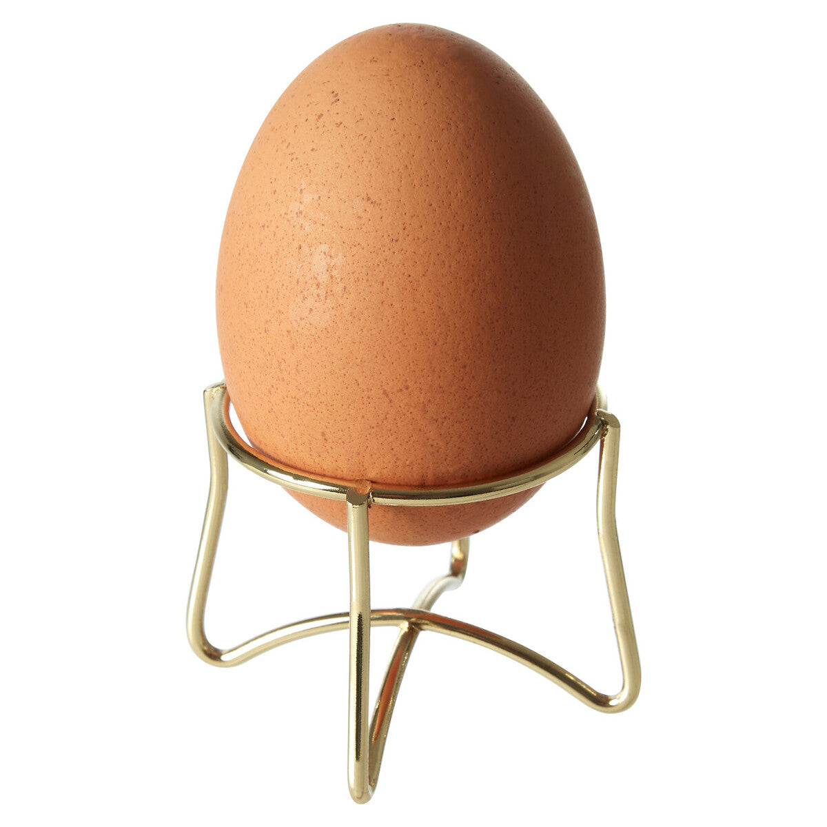 Brown speckled egg in a hygge single gold finish minimalist gold tone metal egg holder stand