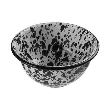 Black and white speckled small metal bowl with a smooth glossy enamel finish perfect for hygge style spaces