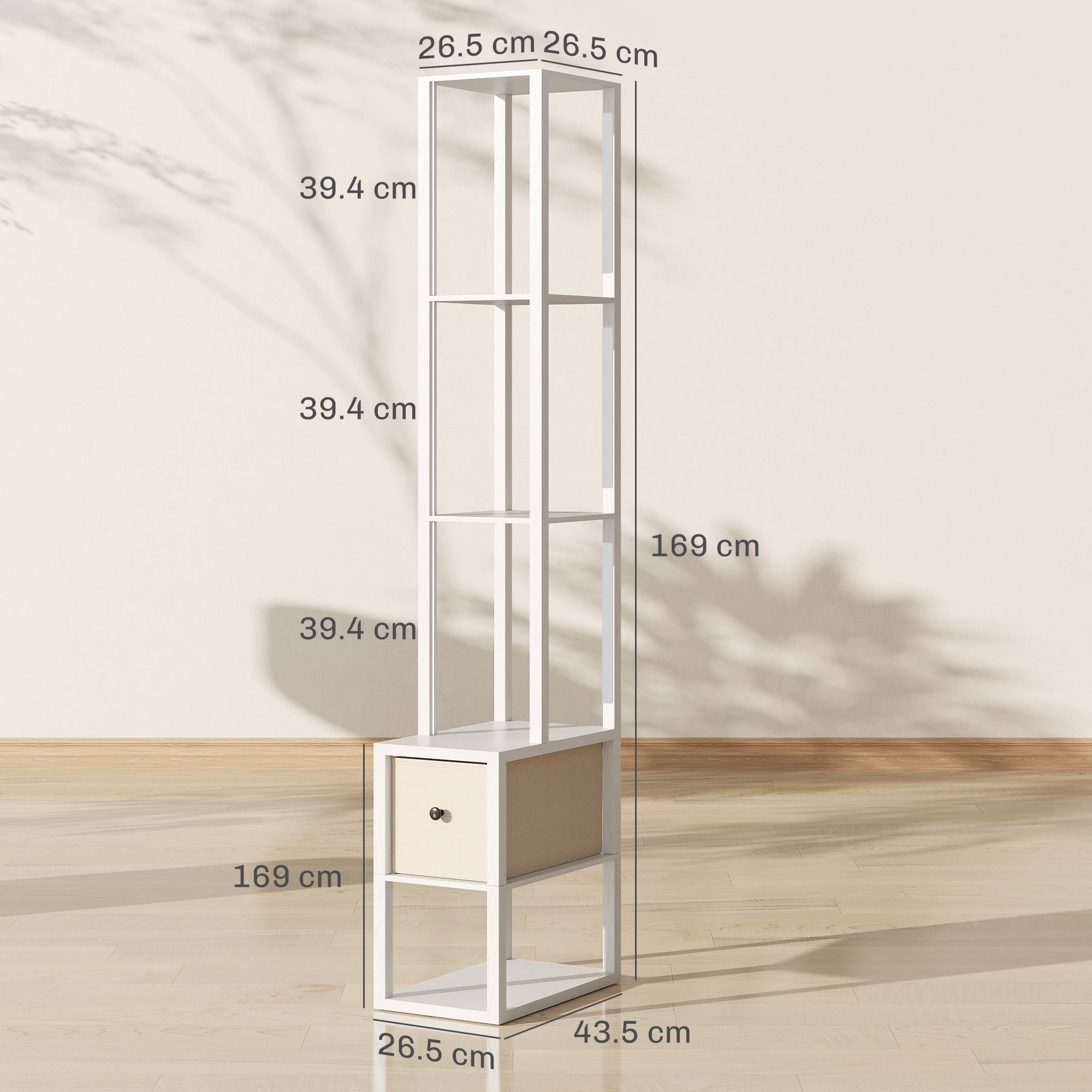 HOMCOM Floor Lamp with Shelves, LED Column Modern Standing Lamp with Fabric Drawer, Adjustable Brightness, Foot Switch for Living Room, Bedroom, Office, White