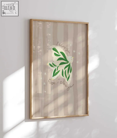 Framed i adore you birdie print featuring a hand painted green dove with leafy wings and fred agains lyrics style text
