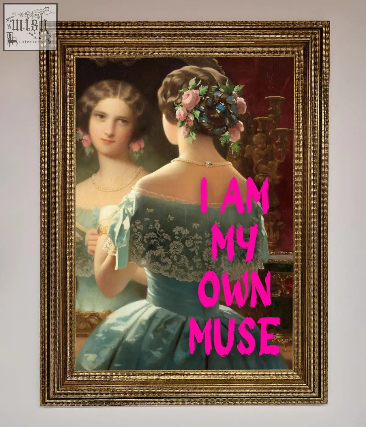 A framed print of a striking portrait featuring a woman in an ornate teal gown with floral hair adornments muse framed print