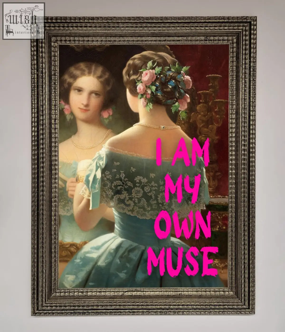 A framed print of a striking portrait featuring a woman in a teal gown titled i am my own muse muse framed print