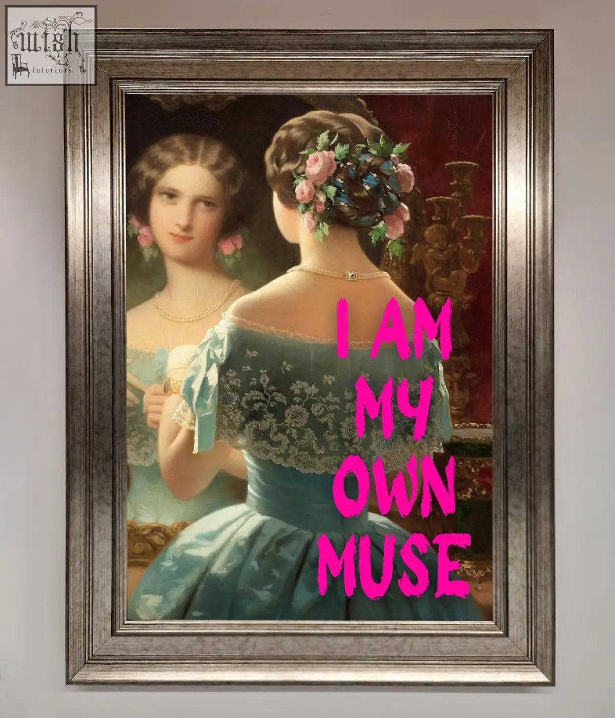 A striking muse framed print featuring a woman in an ornate teal gown with lace and floral hair adornments