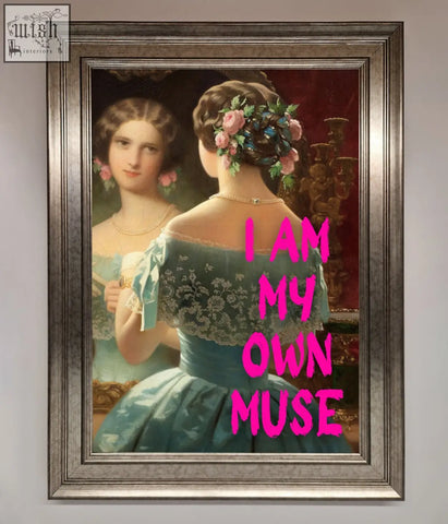 A striking muse framed print featuring a woman in an ornate teal gown with lace and floral hair adornments