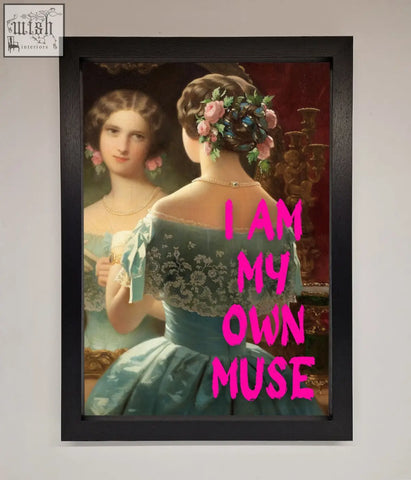 A framed print of a woman in a teal lace gown with floral hair adornments titled i am my own muse muse framed print