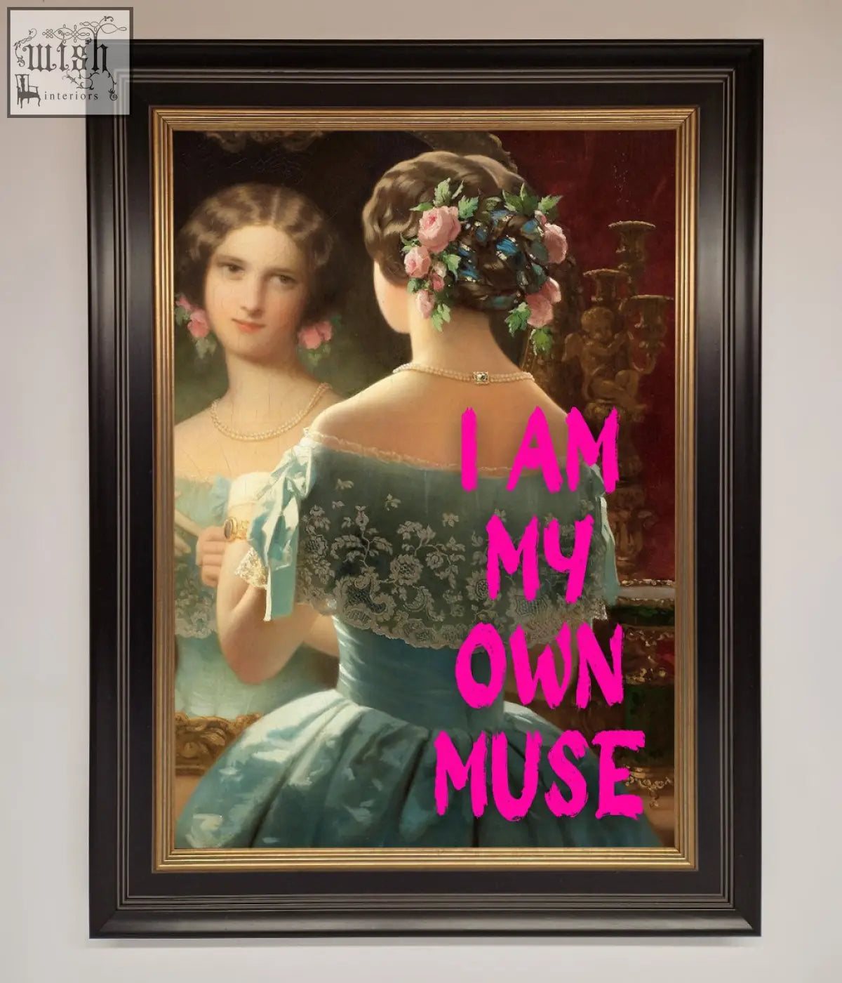 A framed print of a woman in a teal gown with lace and floral hair, perfect as a muse framed print wall art