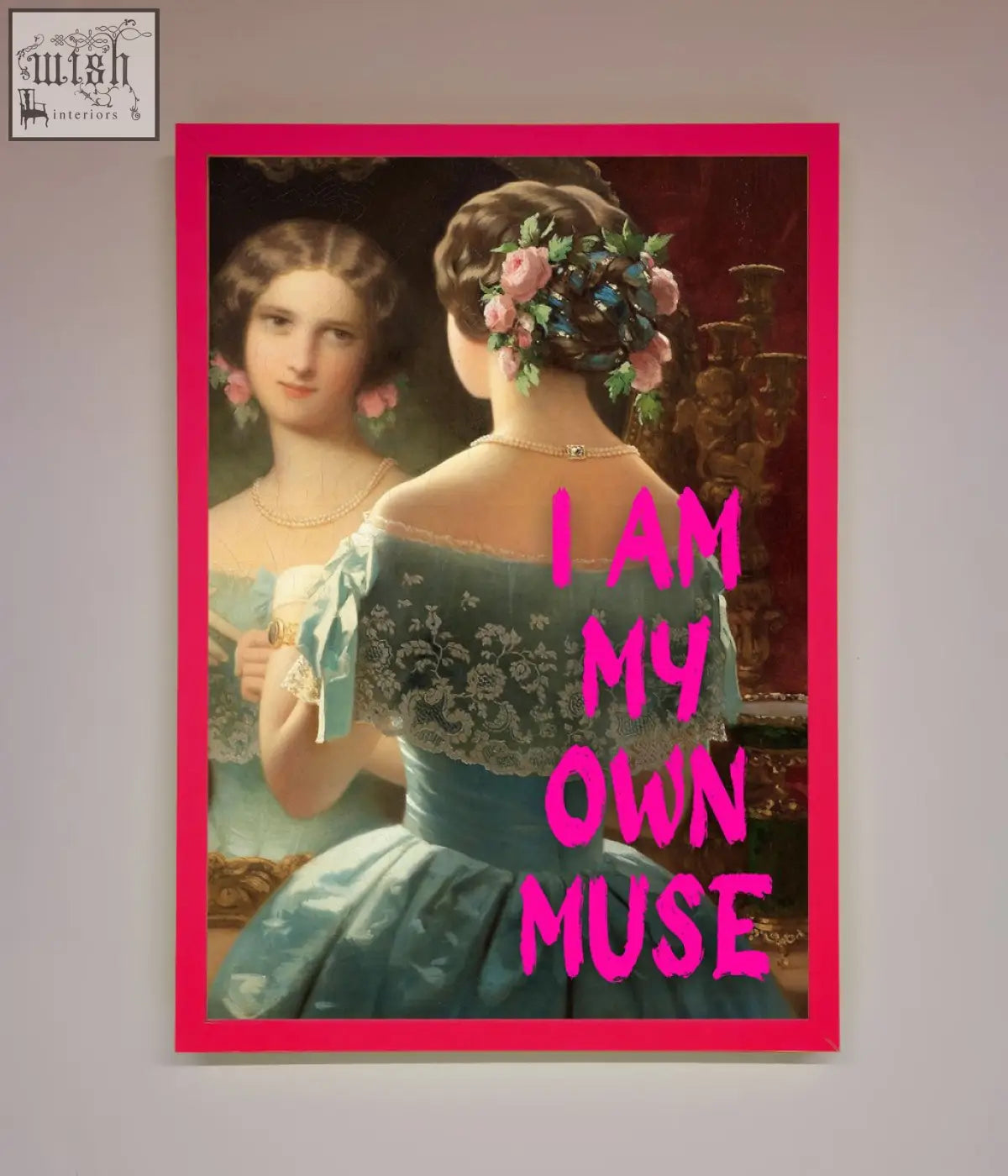 A framed print of a woman in an ornate teal gown with lace and floral hair adornments for a muse framed print
