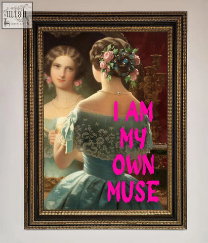 A framed print of a woman in a teal lace gown with floral hair adornments from the i am my own muse framed print collection
