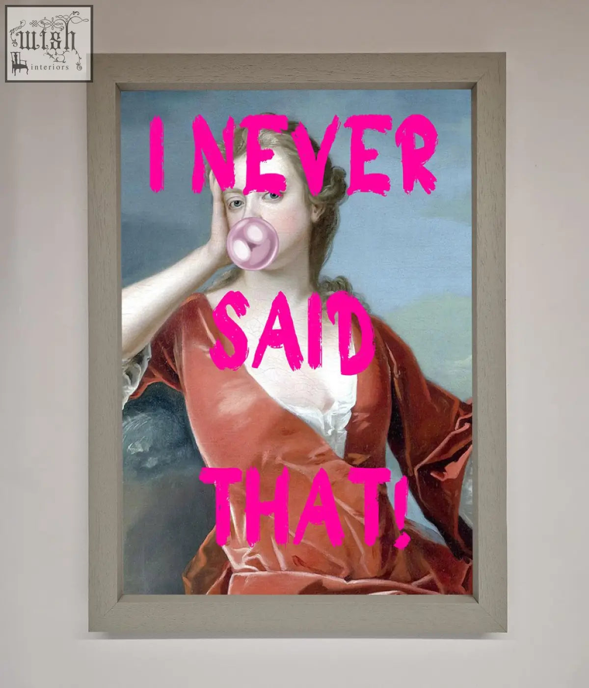 A framed print of a woman in an orange velvet gown blowing pink bubble gum perfect for office decor and frame choices