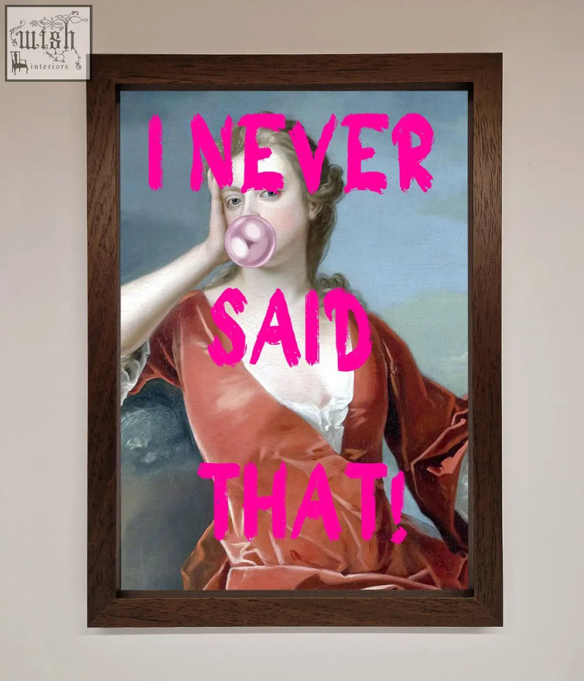 Framed print of a classical woman in an orange velvet gown blowing a bubble with bold pink text for office decor