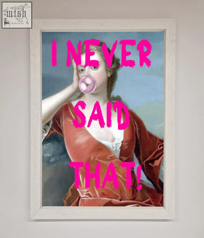A framed print of a classical woman in an orange velvet gown blowing gum perfect for fun office decor and frame choices