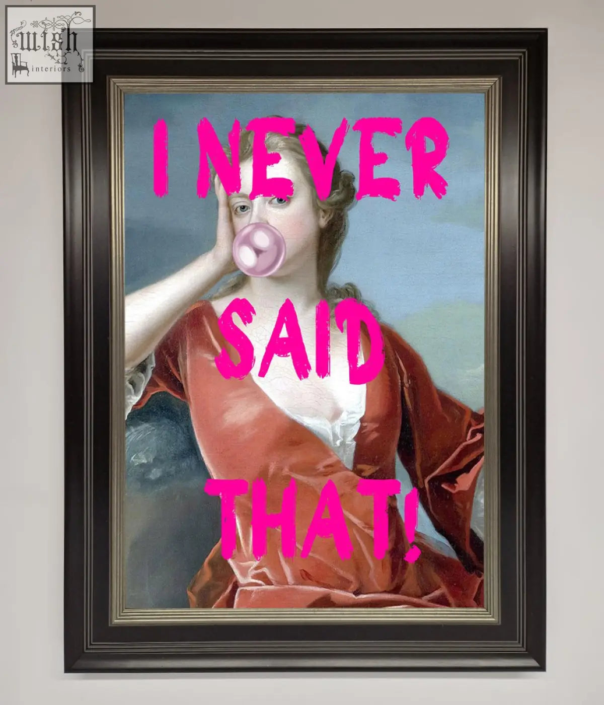 A framed print of a woman in an orange velvet gown blowing pink bubble gum perfect for fun office decor and frame choices