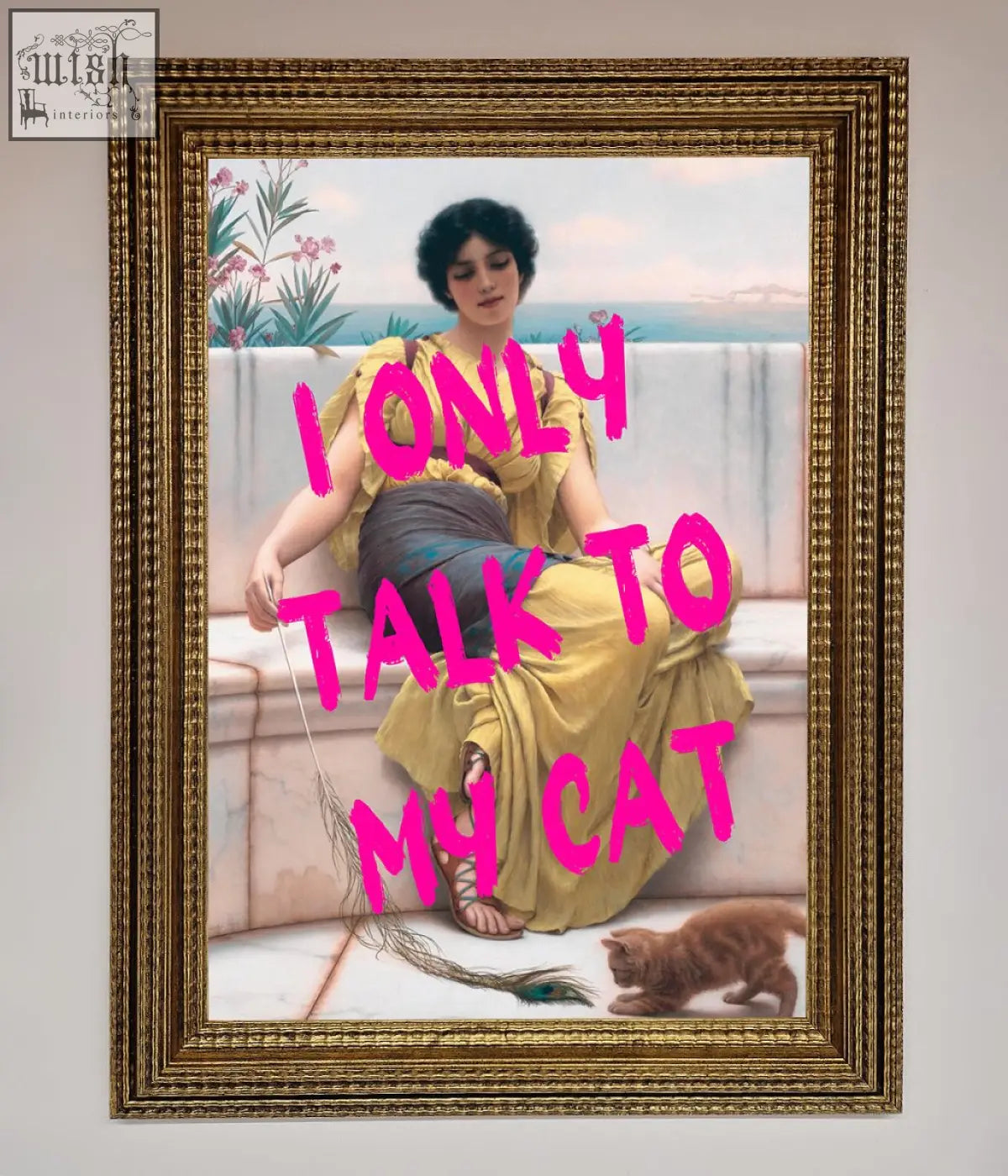 Framed wall art featuring a woman in a yellow gown with an orange cat at her feet titled i only talk to my cat wall art