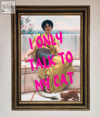 Framed wall art of a woman in a yellow gown with an orange cat featured in i only talk to my cat wall art