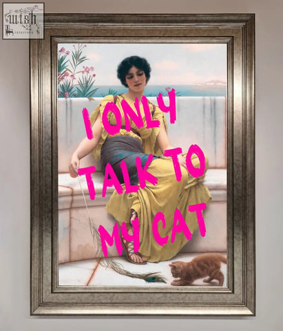 Framed wall art of a woman in a yellow dress with an orange cat titled i only talk to my cat wall art
