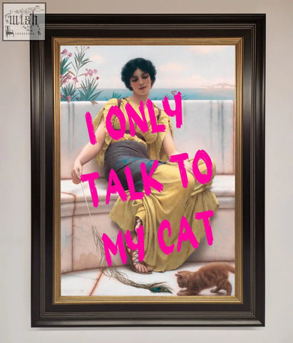 Framed wall art of a woman in yellow dress with an orange cat titled i only talk to my cat wall art for cat lovers