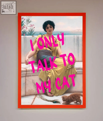 Framed wall art of a vintage-style woman in a yellow gown with an orange cat titled i only talk to my cat wall art