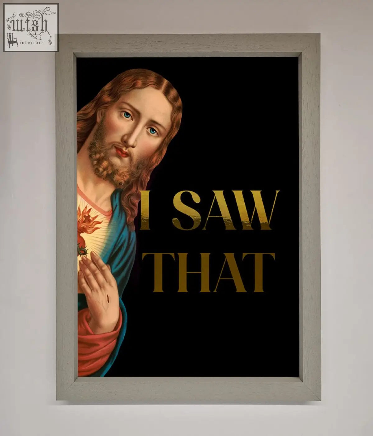 A framed foil print poster of jesus with a flaming heart and i saw that text in blue and red on black with fast shipping times