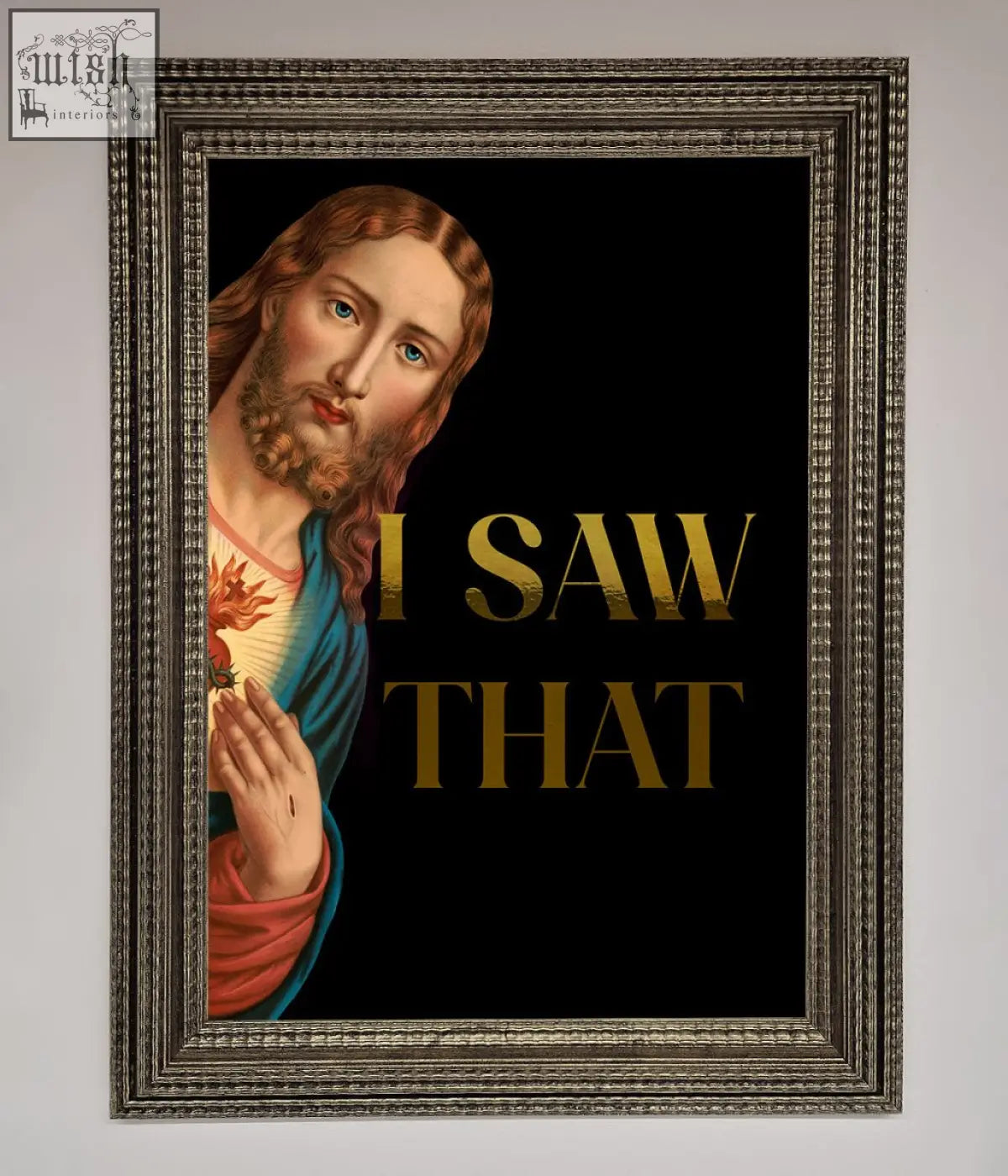 A foil print artwork of jesus in blue and red robes with gold i saw that text on black background perfect for quick shipping times