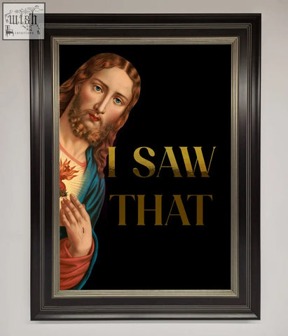 Framed foil print artwork of jesus in blue and red robes with gold lettering i saw that highlighting fast shipping times