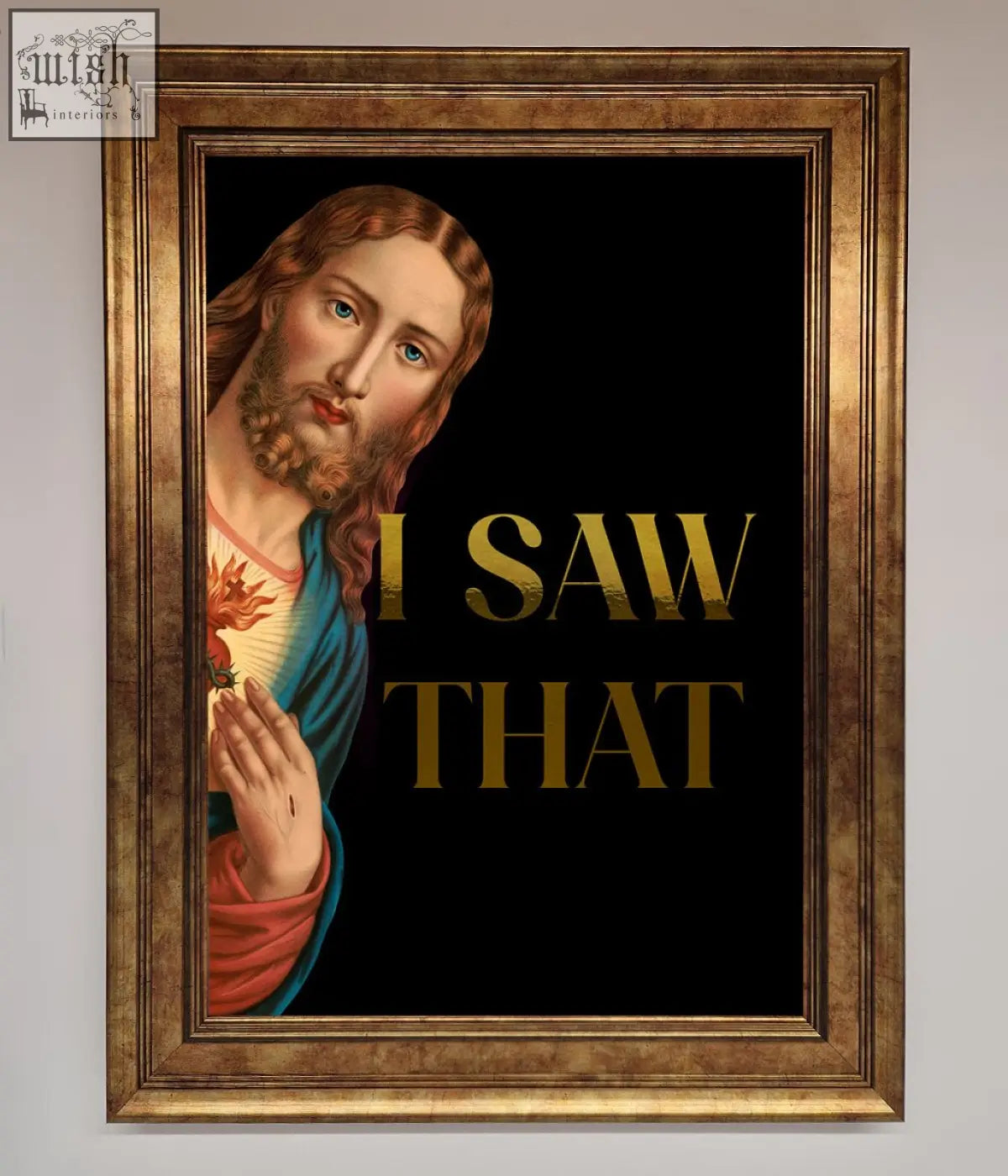 A foil print framed artwork of jesus in blue and red robes with gold i saw that text perfect for quick shipping times