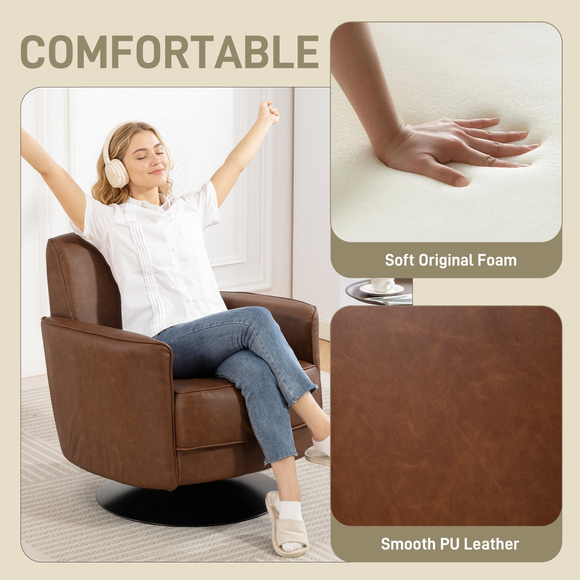HOMCOM Upholstered Swivel Accent Chair with Pocket Spring Seat Support and 20cm Thick Padding, Brown