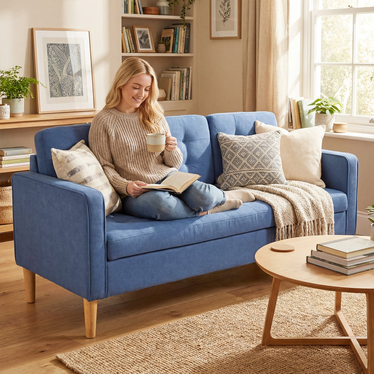 HOMCOM 3 Seater Sofa, 169cm Couch with Hidden Storage, Wood Legs, Blue