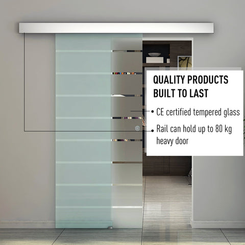 HOMCOM 90cm Sliding Glass Door Set Include Hardware Track Kit, Frosted Tempered Glass with Stripe Pattern, Round Handle