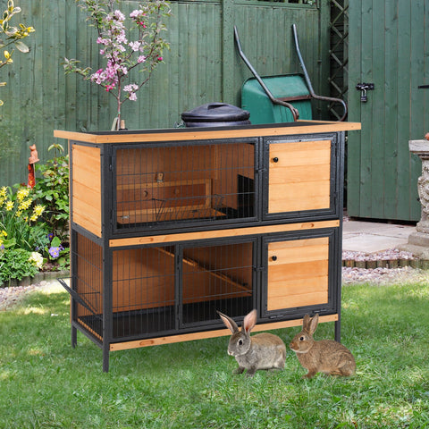 PawHut Rabbit Hutch Outdoor Guinea Pig Hutch Bunny Cage Metal Frame with  No-Leak Tray Openable Roof Light Yellow 122 x 50 x 101cm