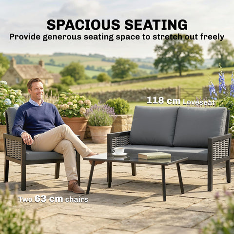 Outsunny 4 Seater Rattan Garden Furniture Set with 2 Armchairs, Loveseat, Coffee Table, Garden Sofa Set with Cushions, Dark Grey