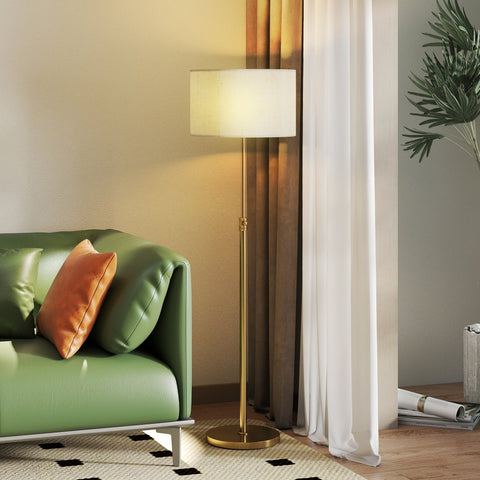 HOMCOM Floor Lamp with Remote, Height Adjustable Standing Lamp with Linen Shade, Dimmable with 3000K-6000K Adjustable Colour Temperatures, Foot Switch for Living Room Bedroom Office, Gold Tone