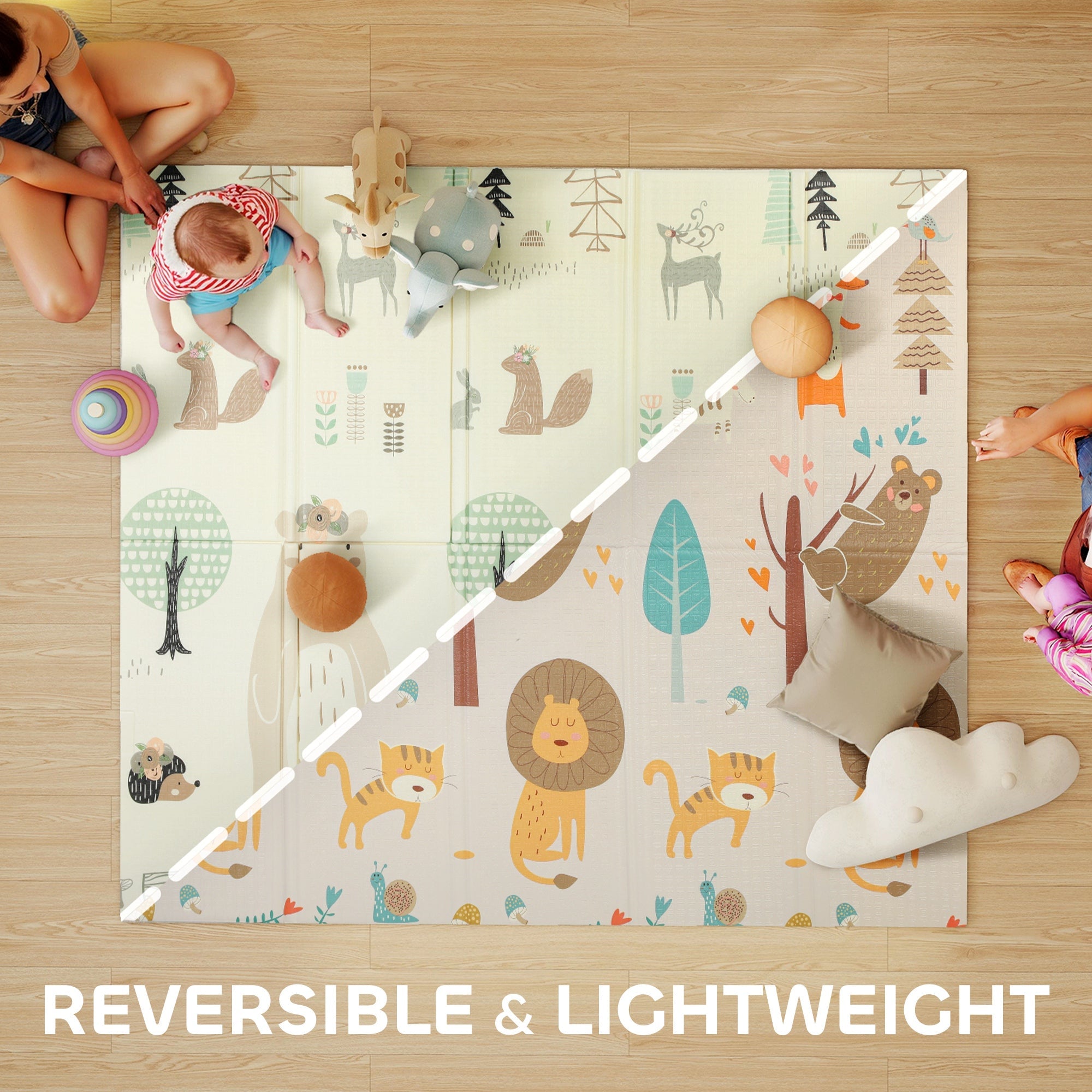AIYAPLAY Baby Play Mat, Double Sideded Foldable Kids Crawling Mat, Reversible & Waterproof, Animal