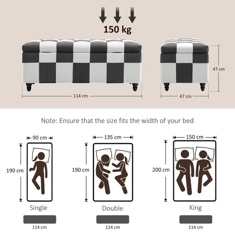 HOMCOM 114 x 47 x 47cm Velvet Storage Ottoman, Button-tufted Footstool Box, Toy Chest with Lid for Living Room, Bedroom, Dark Grey and White