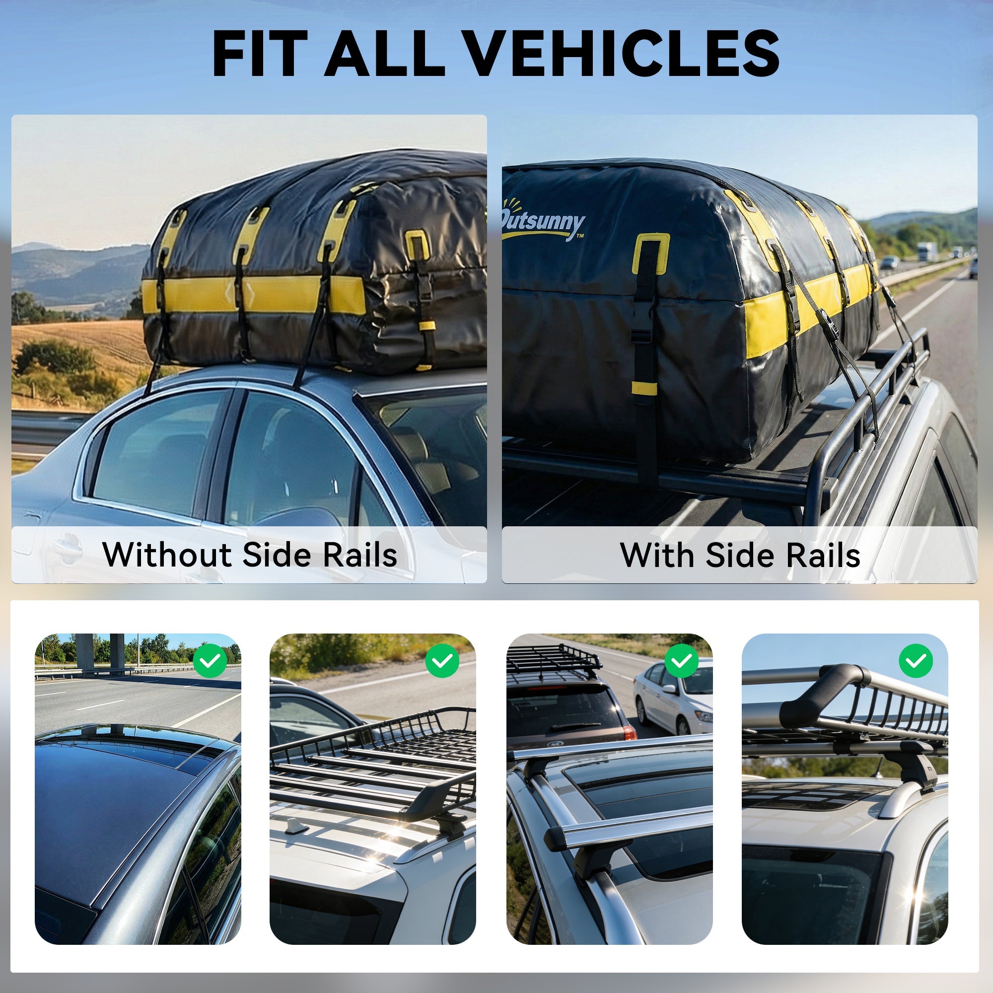 Outsunny Car Roof Bag, 21 Cubic Feet Waterproof Soft Car Roof Box Roofing Cargo Carrier w/ Reflective Arrows, Door Hooks, Yellow