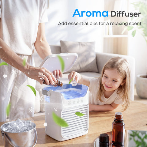 HOMCOM Air Cooler with Adjustable Head, Portable Air Conditioner with 3 Wind Speed, 2 Cool Mist, RGB Light, White