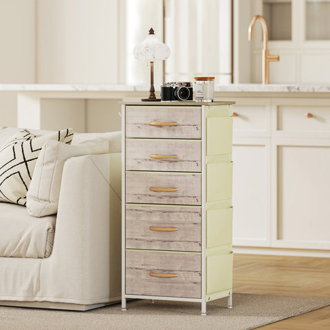HOMCOM Chest of Five Fabric Drawers - Natural Wood Finish