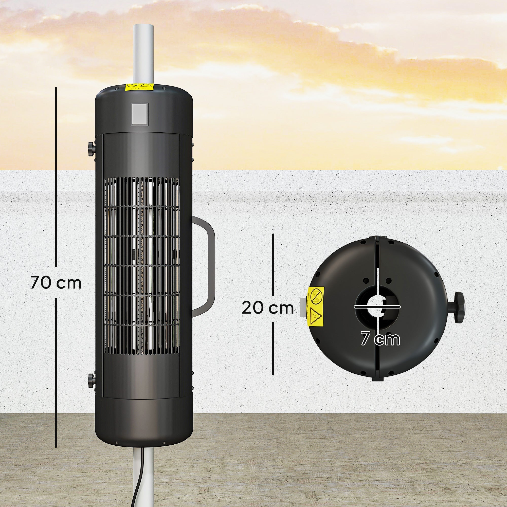 Outsunny Electric Umbrella Parasol Mounted Patio Heater for 25-70 mm Poles, 2000 W Outdoor Garden Heater with 2 Heat Setting, 6 ㎡ Coverage, Tip-Over Protection, Black
