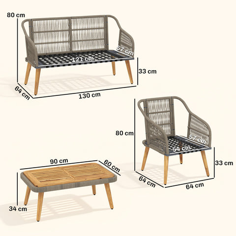 Outsunny 4 Piece Rattan Garden Furniture Set with Loveseat, Armchairs, Wood Table, Wicker Patio Conversation Set, Cream White