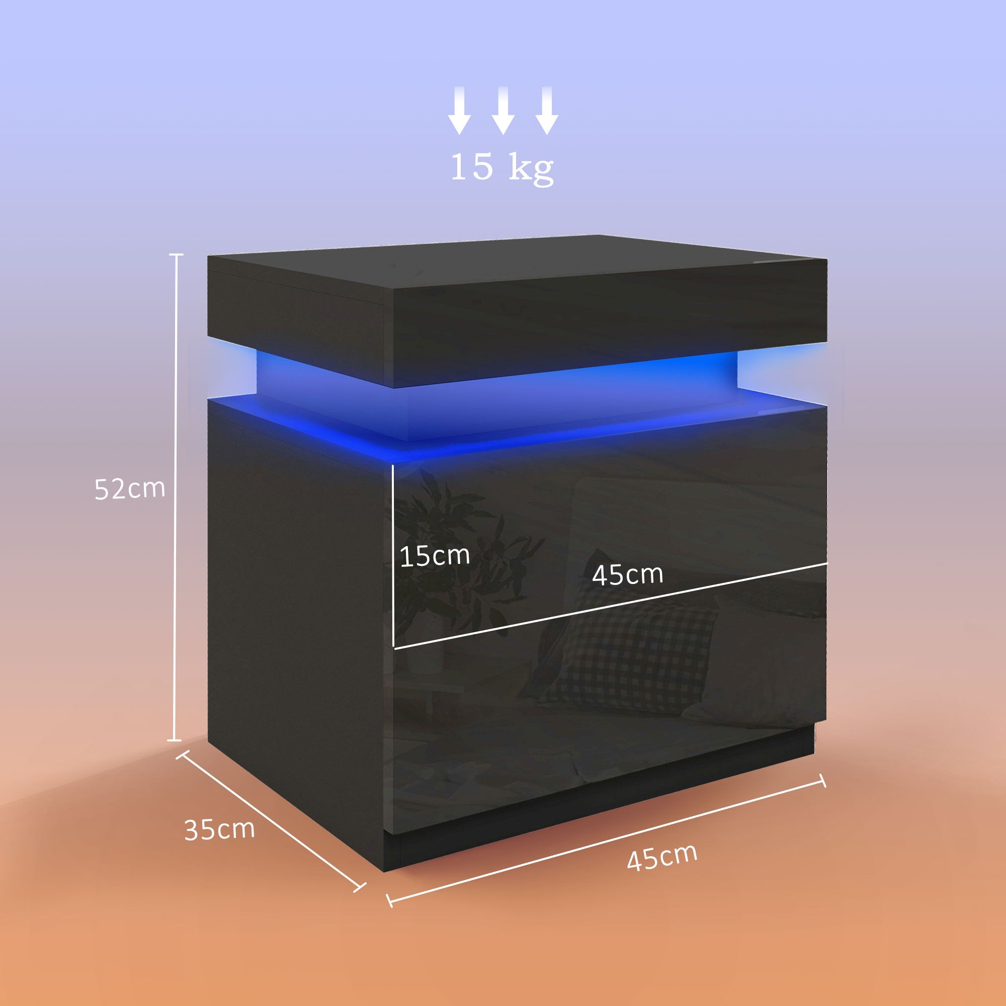 HOMCOM Black Bedside Table with LED Light, High Gloss Front Nightstand with 2 Drawers, for Living Room, Bedroom
