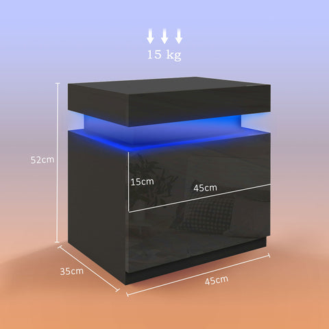 HOMCOM Black Bedside Table with LED Light, High Gloss Front Nightstand with 2 Drawers, for Living Room, Bedroom