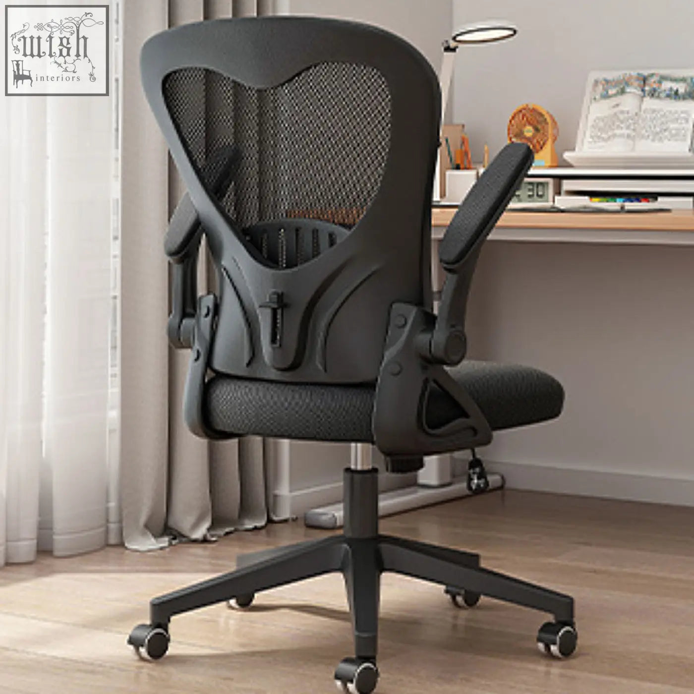 Black iara office chair with mesh back padded seat painted steel frame adjustable arms and five-wheel base