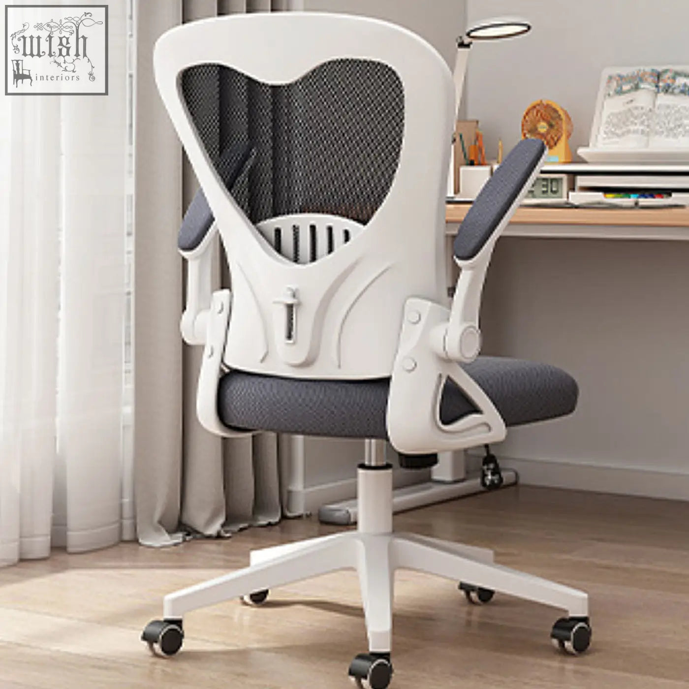 White and gray iara office chair with mesh back, adjustable arms, and five-wheel base for ergonomic office use