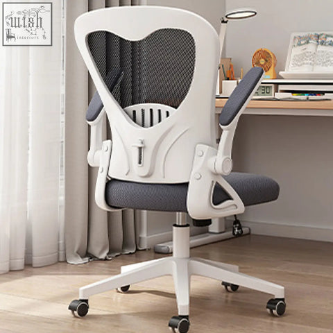 White and gray iara office chair with mesh back, adjustable arms, and five-wheel base for ergonomic office use