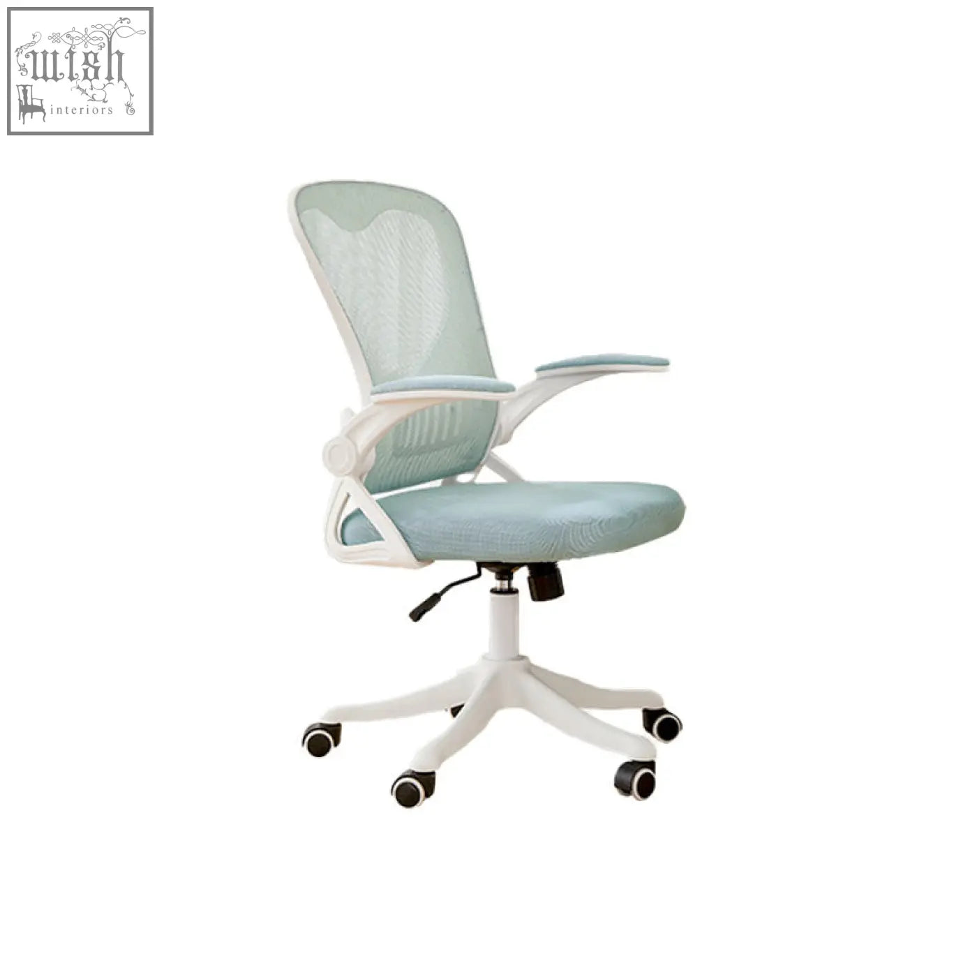 A modern iara office chair with light blue mesh seat and back, white painted steel frame, and black caster wheels