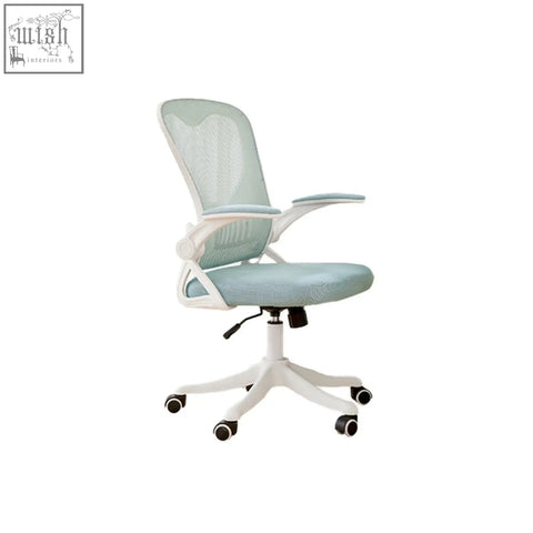 A modern iara office chair with light blue mesh seat and back, white painted steel frame, and black caster wheels