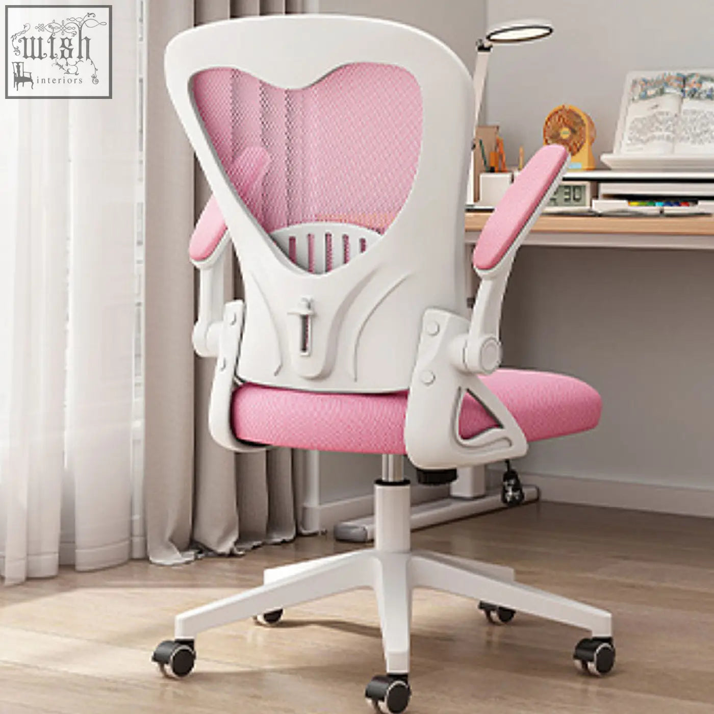 Pink mesh and fabric iara office chair with white plastic frame and five-wheel base for office use