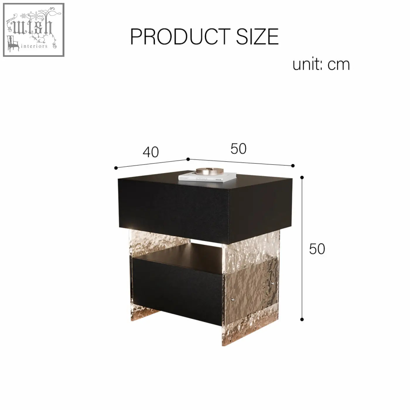 Black and gold textured ibarra bedside table with storage and light strip in a sleek modern design